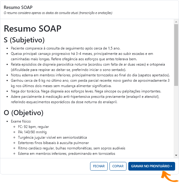 Sugestões e resumos do assistente clínico