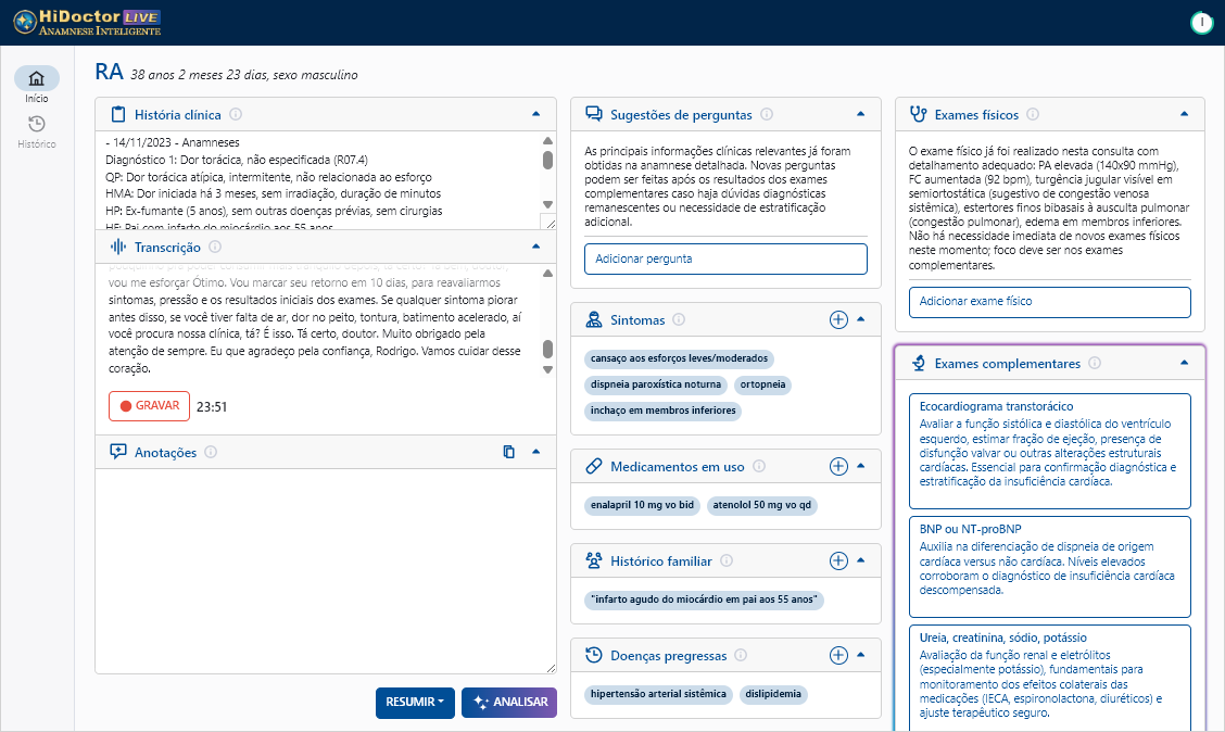 Sugestões e resumos do assistente clínico