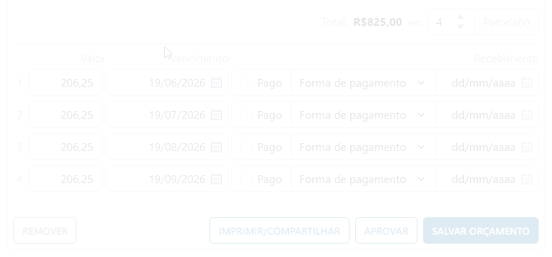 Conta do paciente no HiDoctor - Valores das parcelas