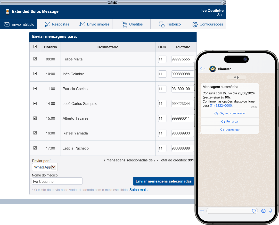 Envio de confirmações pelo XSMS do HiDoctor Tela do XSMS do HiDoctor para seleção de pacientes e envio de confirmação por WhatsApp ou SMS